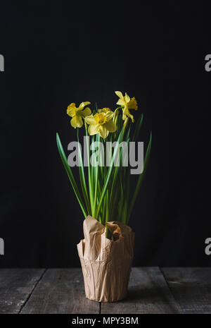 Nahaufnahmen von Blumen auf Holztisch auf schwarzem Hintergrund Stockfoto