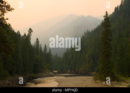 Fluss mit Rauch von Wildfire, Selway Wild und Scenic River, Nez Perce National Forest, Idaho Stockfoto