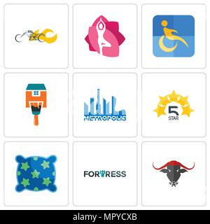 Satz von 9 einfache editierbare Ikonen wie Festung, Kissen, 5 Sterne, Metropolis, Home Farbe, Behinderung, Yoga Studio, Häcksler, können für mobile, Web verwendet werden. Stock Vektor