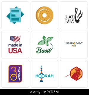 Satz von 9 einfache editierbare Ikonen wie Sparta, Hookah, 30 Jahre, Arbeitslosigkeit, Basilikum, hergestellt in den USA, Black Swan, Bagel, Statement, für mobile verwendet werden. Stock Vektor