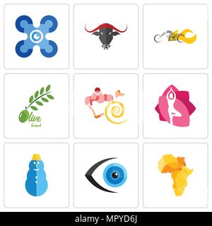 Satz von 9 einfache editierbare Ikonen wie Afrika Karte, Augapfel, Schneemann, Yoga Studio, Süßwaren, Olive Branch, Häcksler, Drohnen, können für mobile verwendet werden. Stock Vektor