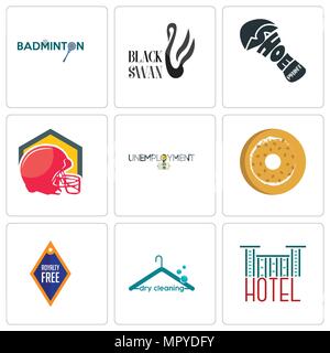 Satz von 9 einfache editierbare Ikonen wie Hotel, Reinigung, Bagel, Arbeitslosigkeit, football Helm, Schuhputzmaschine drucken, Black Swan, Badminton, kann für m verwendet werden. Stock Vektor