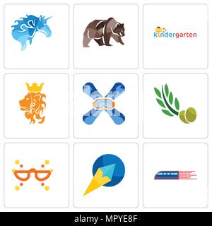 Satz von 9 einfache editierbare Ikonen wie Eisenbahn, Paper Plane, Maskerade, Olivenblätter, Snowboard, Royal Lion, Kindergarten, Grizzly bear,, kann eingesetzt werden Stock Vektor