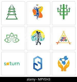 Satz von 9 einfache editierbare Ikonen wie Chemiker, s Hexagon, Saturn, Billard, Wandern, ganzheitliche, digitale Baum, Volleyball Team, immer kann für m verwendet werden. Stock Vektor