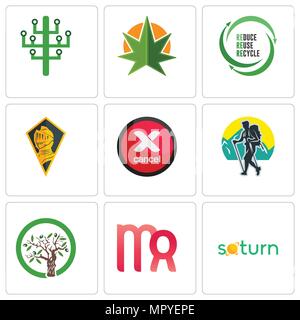Satz von 9 einfache editierbare Ikonen wie Saturn, Jungfrau, Olive Tree, Trekking, Abbrechen, Ritter Leiter, uce Wiederverwenden, Recyceln, Unkraut, Blatt, können für Digitale verwendet werden. Stock Vektor