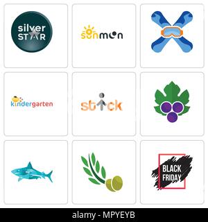 Satz von 9 einfache editierbare Ikonen wie schwarzer Freitag Verkauf, Olivenblätter, Haie, Traube Strichmännchen, Kindergarten, Snowboard, Sun Moon, Silver Star, Ca Stock Vektor