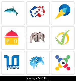 Satz von 9 einfache editierbare Ikonen wie Human Resources, 10 Jahr, Checkmark, Grizzlybären, hausgemachte Speisen, Paper Plane, Demokrat,, können für Mobi verwendet werden. Stock Vektor