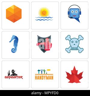 Satz von 9 einfache editierbare Ikonen wie Kanada Blatt, Heimwerker, Gangster, Totenkopf, Boxing Club, Sea horse, Helpdesk, Rising Sun, kubisch, können Stock Vektor