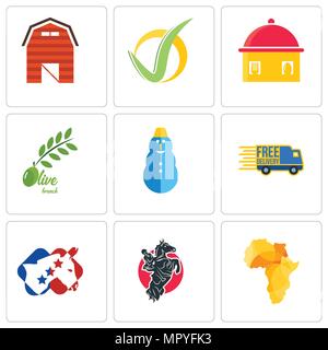 Satz von 9 einfache editierbare Ikonen wie Afrika Karte, Pferdesport, Demokrat, kostenlose Lieferung, Schneemann, Olive Branch, hausgemachte Speisen, Haken, Scheune, werden kann Stock Vektor