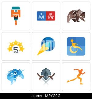 Satz von 9 einfache editierbare Symbole wie Running Club, Schild und Schwert, Behinderung, Paper Plane, 5 Sterne, Grizzlybären, Restroom, Home Farbe, kann eingesetzt werden Stock Vektor