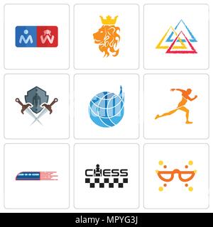 Satz von 9 einfache editierbare Ikonen wie Masquerade, Schach, Eisenbahn, laufende Verein, Logistikunternehmen, Schild und Schwert, drei Dreieck, Royal Lion, rest Stock Vektor