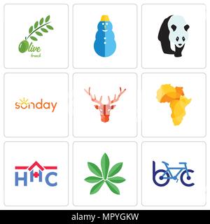 Satz von 9 einfache editierbare Ikonen wie Bike Club, pot Leaf, Home health care, Afrika Karte, Hirschkopf, Sonntag, Schneemann, Olive Branch, können für Mo verwendet werden. Stock Vektor