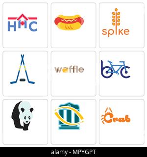 Satz von 9 einfache editierbare Ikonen wie Krabben, Überweisung, Bike Club, Waffeln, Hockeyschläger, Spike, Hot Dog, Home health care, für mobile verwendet werden. Stock Vektor