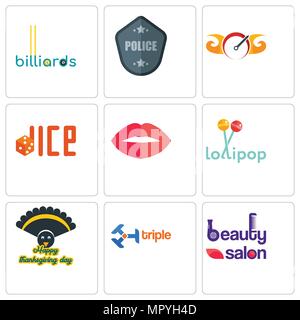 Satz von 9 einfache editierbare Symbole wie Beauty Salon, Triple, Thanksgiving, Lollipop, Lippen, Würfel, Tachometer, Polizei Abzeichen, Billard, verwendet werden für Stock Vektor