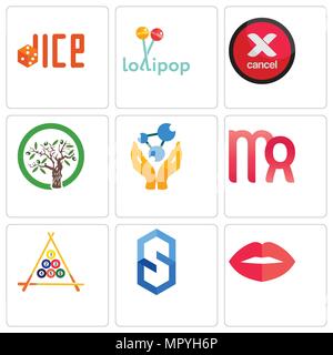 Satz von 9 einfache editierbare Ikonen wie Lippen, s Sechskant, Billard, Jungfrau, Chemiker, Olivenbaum, Abbrechen, Lollipop, Würfel, kann für mobile, Web verwendet werden. Stock Vektor