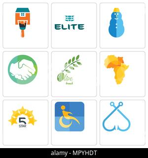 Satz von 9 einfache editierbare Symbole wie Angeln Haken, Behinderung, 5 Sterne, Afrika Karte, Olive Branch, Hände schütteln, Schneemann, der Elite, Farbe, kann Stock Vektor