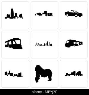 Satz von 9 einfache editierbare Ikonen wie Louisiana, Gorilla, North Carolina State, Bahn, Polizei, Virginia, New Jersey, können für mobile, Web verwendet werden. Stock Vektor