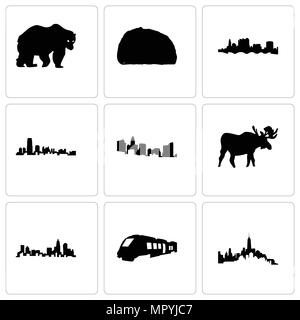 Satz von 9 einfache editierbare Ikonen wie Zug, North Carolina State, Elche, New Jersey, Ohio, Taco, Bär, können für mobile, Web verwendet werden. Stock Vektor