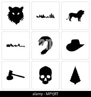 Satz von 9 einfache editierbare Ikonen wie Weihnachtsbaum, Schädel, Hammer, Cowboyhut, Garnelen, Kuba, Lion, Michigan State, Tiger Gesicht, können für mobil verwendet werden. Stock Vektor