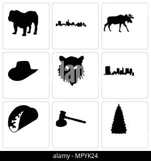 Satz von 9 einfache editierbare Ikonen wie Weihnachtsbaum, Hammer, Taco, Bundesstaat Ohio, Tiger Gesicht, Cowboyhut, Elche, Texas, Bulldogge, können für Mobi verwendet werden. Stock Vektor
