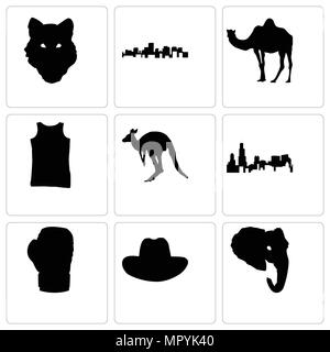 Satz von 9 einfache editierbare Ikonen wie Elephant Head, Cowboyhut, Boxhandschuh, Illinois Zustand, Kangaroo, Tank Top, Camel, Virginia Wolf Gesicht, werden kann. Stock Vektor