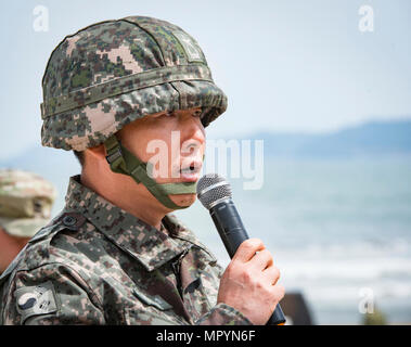 POHANG, Republik Korea (12. April 2017) - Republik Korea Marine hinten Adm. Kim Jong-Sam, Kommandeur der Flottille Komponente 5, spricht mit Verehrte Besucher touring Operation Pazifik erreichen Übung 2017 (OPRex 17). 17 OPRex ist eine bilaterale Schulungsveranstaltung entwickelt, Bereitschaft zu gewährleisten und die ROK-U.S. sustain Allianz durch die Ausübung einer Bereich Distribution Center (ADC), ein Air Terminal Stromanschluss (Atsp), Kombinierte Joint Logistics Über das Ufer (CJLOTS) und der Nutzung der Schiene, Binnenwasserstraßen, und heben Sie die Küste, die für die operative erreichen Konzept zu validieren. Stockfoto