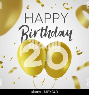 Happy Birthday 20 zwanzig Jahre, Luxus Design mit Gold Ballon Anzahl und golden Konfetti Dekoration. Ideal für Party Einladung oder Grußkarte. EP Stock Vektor