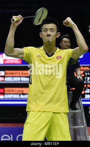 (180525) - Bangkok, 25. Mai 2018 (Xinhua) - Chen Lange von Team China feiert nach der BWF Thomas Cup 2018 Halbfinale gegen Anthony Sinisuka Ginting von Indonesien in Bangkok, Thailand, am 25. Mai 2018. (Xinhua / Wang Shen) Stockfoto