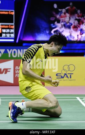 Bangkok, Thailand. 25 Mai, 2018. Shi Yuqi von Team China nach den BWF Thomas Cup 2018 Halbfinale gegen Jonatan Christie von Team Indonesien in Bangkok, Thailand, am 25. Mai 2018 feiert. Credit: Wang Shen/Xinhua/Alamy leben Nachrichten Stockfoto