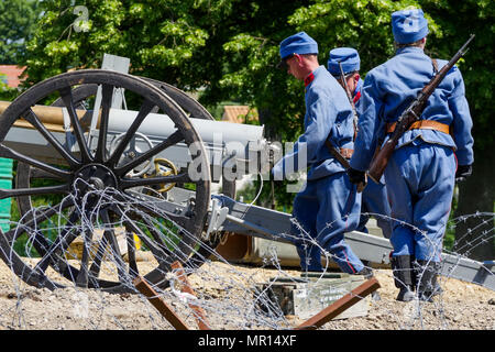 La Valbonne, Frankreich, 25. Mai 2018: Eine 75 mm Französische Gewehr Modell 1897 ist Geputtet in Aktion in Aktion Geputtet als Teil einer Wiederinkraftsetzung des Ersten Weltkrieges action, anlässlich einer historischen Nachzählung der Französische Artillerie, bei La Valbonne militärischen Lager hielt (Ain, Zentral-ost-Frankreich) Anlässlich der Afrika Artillerie Tag. Stockfoto