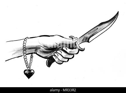 Frauen Hand mit einem Messer. Tinte schwarz und weiß Abbildung: Stockfoto