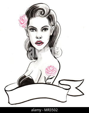 Ziemlich Pin up Frau mit Rose Tattoo Stockfoto