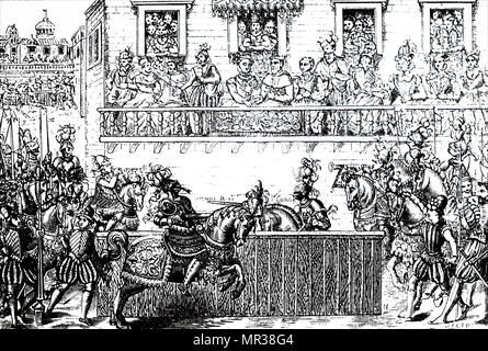 Gravur, die die tödliche Verwundung von König Heinrich II. von Frankreich. Heinrich II. von Frankreich (1519-1559) ein Monarch aus dem Haus Valois, der als König von Frankreich regiert. Vom 16. Jahrhundert Stockfoto