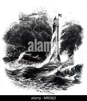 Gravur Darstellung Bell Rock Leuchtturm, vor der Küste von Angus, Schottland, entworfen von Robert Stevenson. Robert Stevenson (1772-1850) eine schottische Bauingenieur und berühmten Konstrukteur und Erbauer der Leuchttürme. Vom 19. Jahrhundert Stockfoto