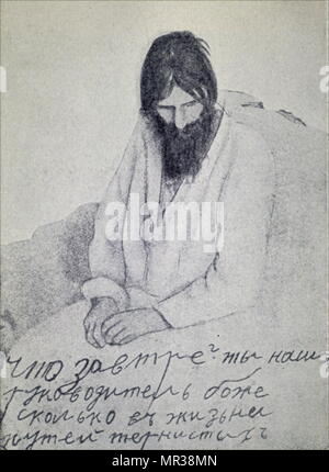 Abbildung: Darstellung von Grigori Rasputin im Krankenhaus, nachdem ein Anschlag auf sein Leben. Grigori Rasputin (1869-1916) eine russische Mystiker und selbsternannten heiligen Mann, der die Familie des Zaren Nikolaus II., angefreundet und hat erheblichen Einfluß in late Imperial Russland. Vom 20. Jahrhundert Stockfoto