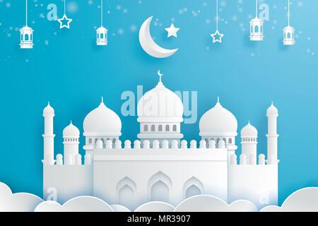 Happy Eid Mubarak Grußkarte mit mit Halbmond Papier Kunst Hintergrund. Ramadan Kareem Vector Illustration. Verwenden Sie für Banner, Poster, Flyer, broch Stock Vektor