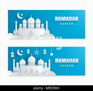 Ramadan Kareem Grußkarte mit Halbmond Papier Kunst Hintergrund. Eid Mubarak banner Vorlage. Verwenden Sie für Einladungen, Verkauf, Plakat, Flyer, Broschüre, Stock Vektor