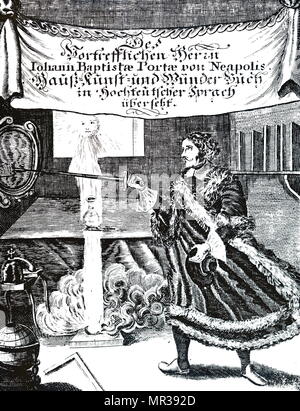 Titelblatt der "Magia naturalis" 1715 von Giambattista Della Porta (1535 - 1615), auch als Giovanni Battista Della Porta bekannt, ein italienischer Gelehrter war, universalgelehrten und Dramatiker, die in Neapel in der Zeit der Wissenschaftlichen Revolution und der Reformation lebte. Stockfoto