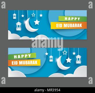 Happy Eid Mubarak Grußkarte mit mit Halbmond Papier Kunst Hintergrund. Ramadan Kareem Vector Illustration. Verwenden Sie für Banner, Poster, Flyer, broch Stock Vektor