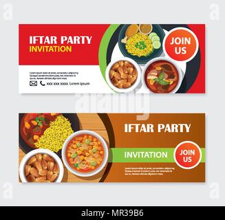 Iftar Einladungen Grußkarte und Banner mit Essen Hintergrund. Eid Mubarak Vector Illustration. Verwenden Sie für Cover, Plakat, Flyer, Broschüre, Etikett, Stock Vektor