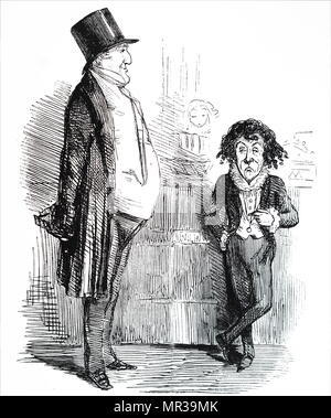 Cartoon, Sir Robert Peel mit Benjamin Disraeli. Peel, der stark von Disraeli für die Aufhebung der Korngesetze kritisiert worden war, wird gezeigt, Disraeli, was er in der neuen Sitzung des Parlaments zu tun. Sir Robert Peel (1788-1850) ein britischer Staatsmann, der ehemalige Premierminister, ehemaliger Innenminister und der Vater der modernen Britischen Polizeiarbeit und der modernen konservativen Partei. Benjamin Disraeli (1804-1881) ein britischer Staatsmann der Konservativen Partei und ehemaliger Ministerpräsident. Vom 19. Jahrhundert Stockfoto