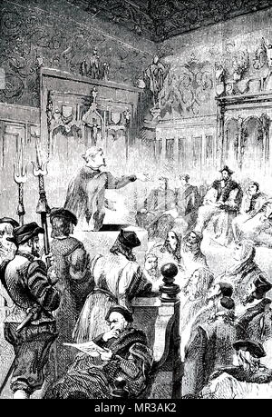 Gravur, Paracelsus seinen Fall plädieren vor dem Richter in Basel während seiner Aktion gegen Canon Lichtenfels. Er machte sich so viele Feinde unter den Ärzten und Wissenschaftlern der Stadt, die er für sein Leben zu fliehen. Paracelsus (1493-1541), ein Schweizer Arzt, Alchemist und Astrologe der deutschen Renaissance. Vom 19. Jahrhundert Stockfoto