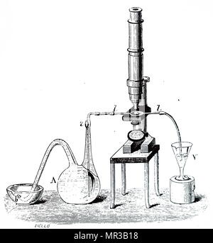 Gravur, die ersten Apparate Louis Pasteurs für Kühlung und gärenden Würze während seiner Arbeit an Bier. Louis Pasteur (1822-1895), ein französischer Biologe, Mikrobiologe und Chemiker für seine Entdeckungen der Grundsätze der Impfung, mikrobielle Fermentation und Pasteurisierung bekannt. Vom 19. Jahrhundert Stockfoto