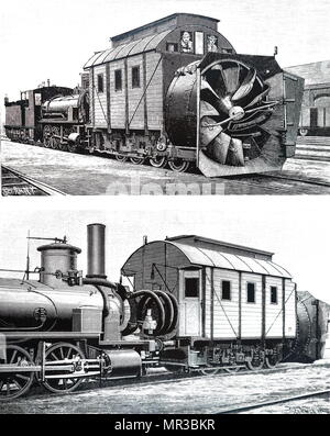 Gravur Darstellung einer zentrifugalen Schnee Pflug ungarischen Eisenbahnen zu löschen. Dies wurde eine modifizierte Version des Roccas Erfindung von 1887. Ein Spiralkabel Kupferrohr (unten) fed Dampf zur Trommel, um Verstopfungen zu vermeiden. Vom 20. Jahrhundert Stockfoto