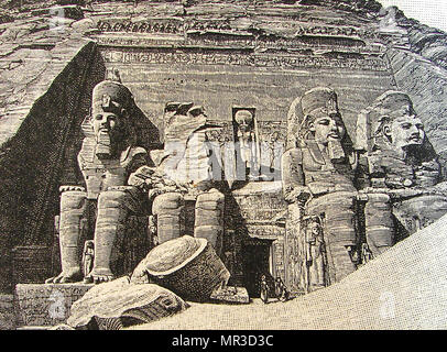 Fassade des großen Tempels von Abu Simbel, Ägypten, wie es ursprünglich war im Jahre 1888 (d. h. vor dem Umzug) Stockfoto