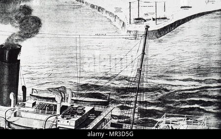Abbildung erläutert die Funktion der drahtlosen Telegrafie auf See. Im Hintergrund ist ein Ufer Station wie die Guglielmo Marconi in Poldhu, Cornwall. Guglielmo Marconi (1874-1937) ein italienischer Erfinder und Elektroingenieur. Vom 20. Jahrhundert Stockfoto