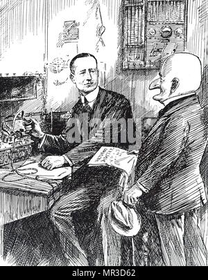 Cartoon, Herr Dorn mit Guglielmo Marconi für drahtlose Telegraphie, die Rettung von Menschenleben auf See war. Guglielmo Marconi (1874-1937) ein italienischer Erfinder und Elektroingenieur. Vom 20. Jahrhundert Stockfoto