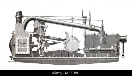 Abbildung: Darstellung einer frühen Dampfturbine, ein Gerät, dass Auszüge thermische Energie aus Dampfdruck und verwendet sie, um mechanische Arbeit auf einer rotierenden Abtriebswelle zu tun. Von Charles Algernon Parsons (1854-1931) eine anglo-irische Ingenieur und Erfinder des zusammengesetzten Dampfturbine erfunden. Vom 19. Jahrhundert Stockfoto