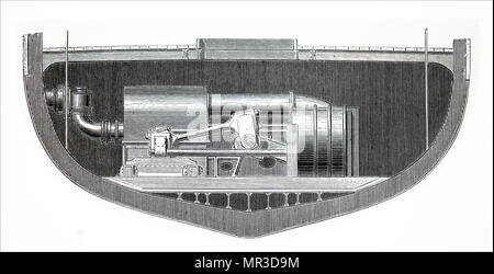 Abbildung: Darstellung einer frühen Dampfturbine, ein Gerät, dass Auszüge thermische Energie aus Dampfdruck und verwendet sie, um mechanische Arbeit auf einer rotierenden Abtriebswelle zu tun. Von Charles Algernon Parsons (1854-1931) eine anglo-irische Ingenieur und Erfinder des zusammengesetzten Dampfturbine erfunden. Vom 19. Jahrhundert Stockfoto