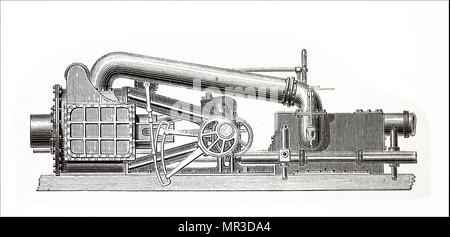 Abbildung: Darstellung einer frühen Dampfturbine, ein Gerät, dass Auszüge thermische Energie aus Dampfdruck und verwendet sie, um mechanische Arbeit auf einer rotierenden Abtriebswelle zu tun. Von Charles Algernon Parsons (1854-1931) eine anglo-irische Ingenieur und Erfinder des zusammengesetzten Dampfturbine erfunden. Vom 19. Jahrhundert Stockfoto